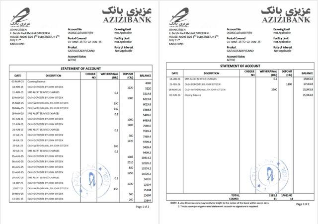 Download Afghanistan Azizi bank statement of account Photoshop template